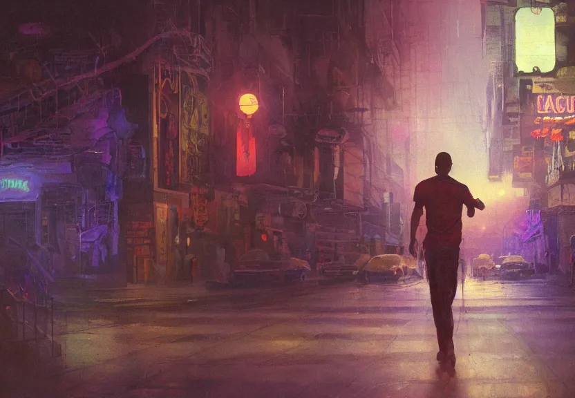 Prompt: painting of the figure of a man in a haunting scenery during the 1 9 8 0's, city, video club, arcade store, high contrast, concept art, fully colored, purple filter, neon, dramatic lighting, digital art, 8 k, extremely detailed, drawn by ruan jia