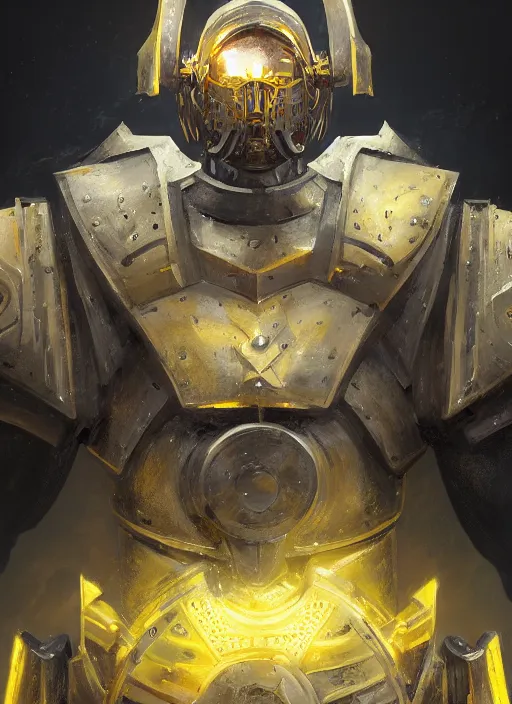 Prompt: dynamic attack position abstract portrait of a intricate glorious holy mechanical warforged character in yellow armor holding a paladin engraved great longsword drawn and carrying a big paladin shield, scoop light coming from the middle of the face , face in focus, epic , trending on ArtStation, masterpiece, cinematic lighting, by Ross Tran and by Greg Rutkowski