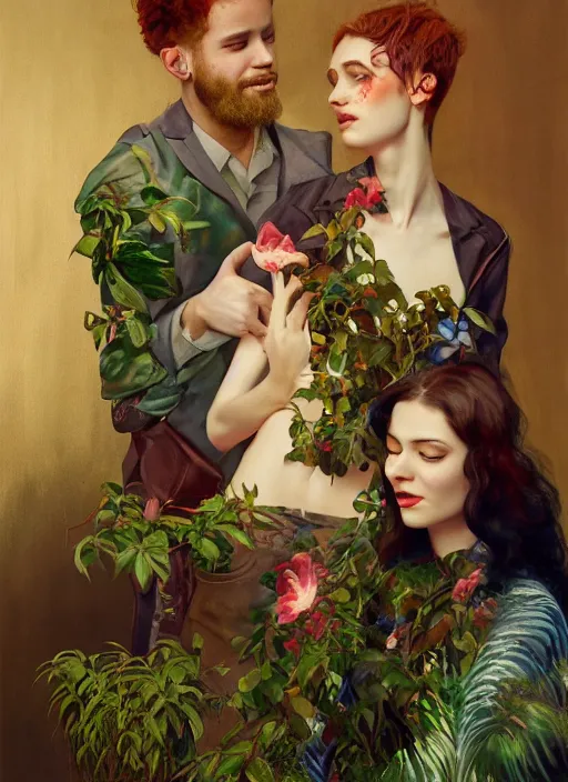 Prompt: an excited couple redefining love in a caffe surrounded by plants, expressionist painting by Francis Bacon and tom bagshaw, artstation