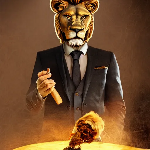 Image similar to a lion smoking a cigar wearing a suit, subject= lion, subject detail: wearing a suit, subject action: smoking a cigar, dramatic lighting, cinematic lighting, establishing shot, photorealistic, high details, cinematic, 8k resolution, extremly detailed, photorealistic, artstation, unreal engine