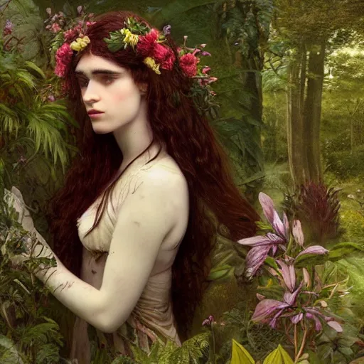 Image similar to a romantic pre-raphaelite portrait of Grimes as a forest fairy in a beautiful botanic garden, concept matte, trending on artstation