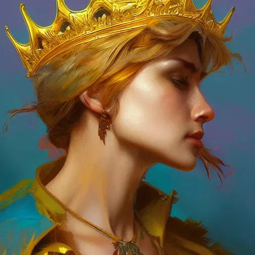 Image similar to close up of colorful bird, golden crown, dark, rusty, highly detailed, digital painting, artstation, concept art, smooth, sharp focus, illustration, art by artgerm and greg rutkowski and alphonse mucha