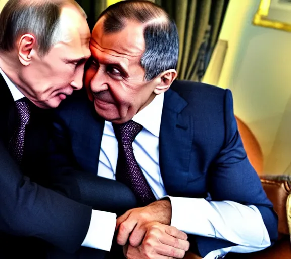 Prompt: vladimir putin kisses sergey lavrov, animals mating, lovely kiss, kiss mouth to mouth, romantic, emotional, love scene, insane details, clear face and eyes, textured, 8 k, professional photography, animal world, discovery channel