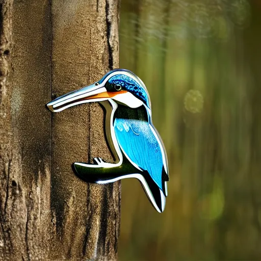 Image similar to wall art of a real life kingfisher made out of reflective crystal and very reflective polished metal, in the background is a forest, product photography