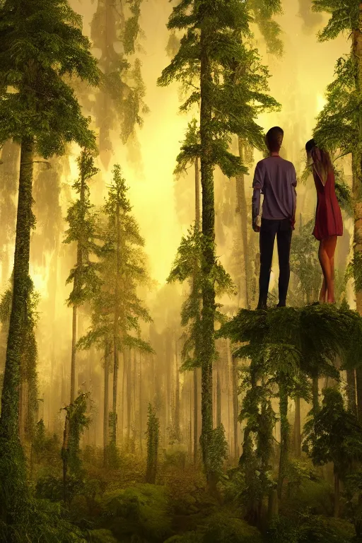 Image similar to intricate color photo of young lovers in a fantasy forest of tall trees 8 k octane beautifully detailed render