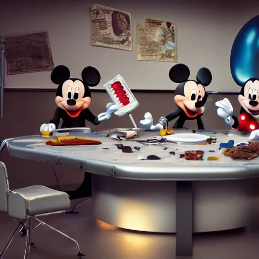 Prompt: mickey mouse being dissected by a group of network executives, on an operating table, octane render, cgstation, 3 d render, very detailed, mindblowing, blood and guts, gritty, cyberpunk