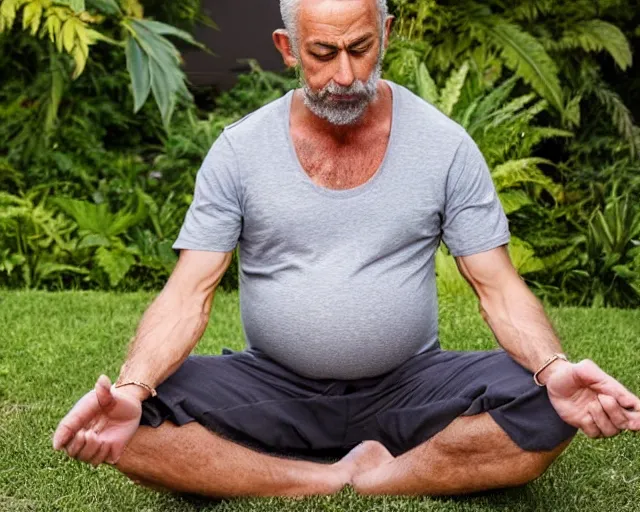 Image similar to mr robert smoke weed and meditate in the garden, he has dark grey hairs, detailed glad face, muscular chest, pregnant belly, golden hour closeup photo, red elegant shirt, eyes wide open, ymmm and that smell