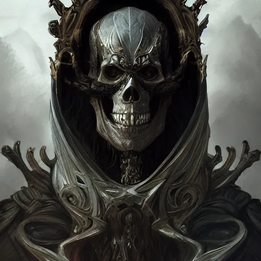 Image similar to portrait of a powerful lich, skeleton, fantasy, intricate, elegant, highly detailed, digital painting, artstation, concept art, matte, sharp focus, illustration, art by aenaluck and roberto ferri and greg rutkowski, epic fantasy, digital painting