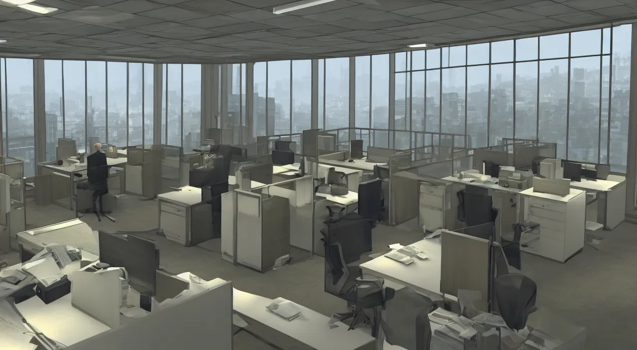 Image similar to A man in the office at 3AM with multiple cubicles and a window that provides a view of the city, Source Engine, Gmod, Half Life 2