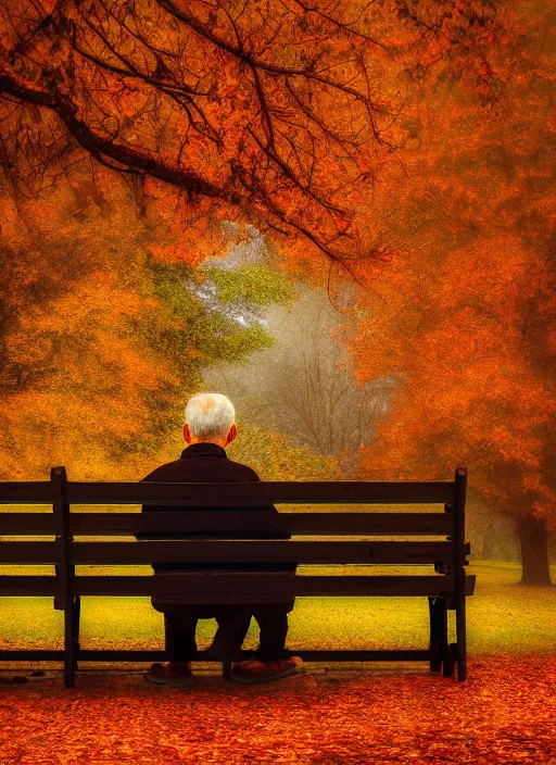 Image similar to conceptual photography portrait of an old man on a park bench fading into nothing, autumn tranquility, forgetfulness, fading to dust and leaves, oblivion, inevitability, aging, surreal portrait, moody, deep oranges and browns, color toning, hopeless, 4 k