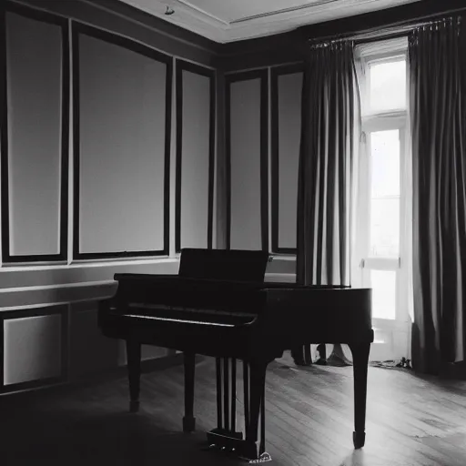 Prompt: liminal photo of a black room with a piano