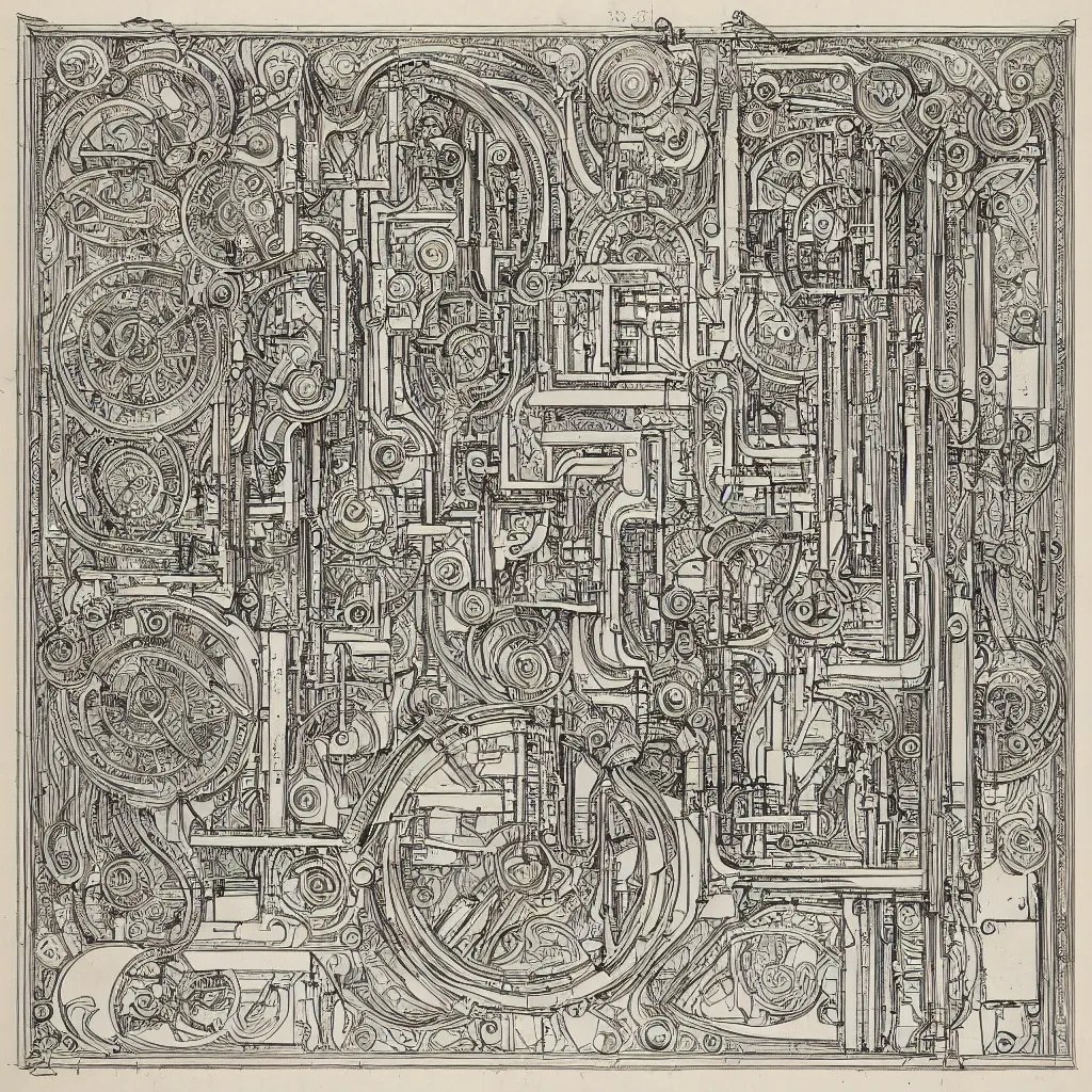 Image similar to beautiful, symmetric, art nouveau, detailed, intricate technical drawing from 1 8 4 0 with extensive written labels and covered in scribbled pencil notes, for a mechanical display attachment to babbage's difference engine, showing a screen playing tetris