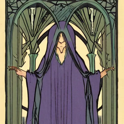 Image similar to a cloaked mage casting a magic spell from her hand toward an ice castle, art nouveau