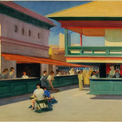 Prompt: a hawker centre, by edward hopper
