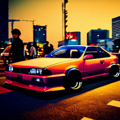 Image similar to a car Nissan Silvia at illegal car meet, Shibuya prefecture, city sunset, cinematic color, photorealistic, highly detailed