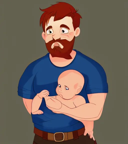 Image similar to a father with short red hair, a short red beard and blue eyes and a chubby face hold his infant son with short brown hair full color digital illustration in the style of don bluth, artgerm, artstation trending, 4 k