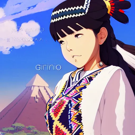 Image similar to a beautiful! plus sized native women instagram model, brown skin, wearing elegant catholic school girl designer fashion with mayan pattern and native style, aztec street fashion, gapmoe yandere grimdark, trending on pixiv fanbox, painted by greg rutkowski makoto shinkai takashi takeuchi studio ghibli, akihiko yoshida