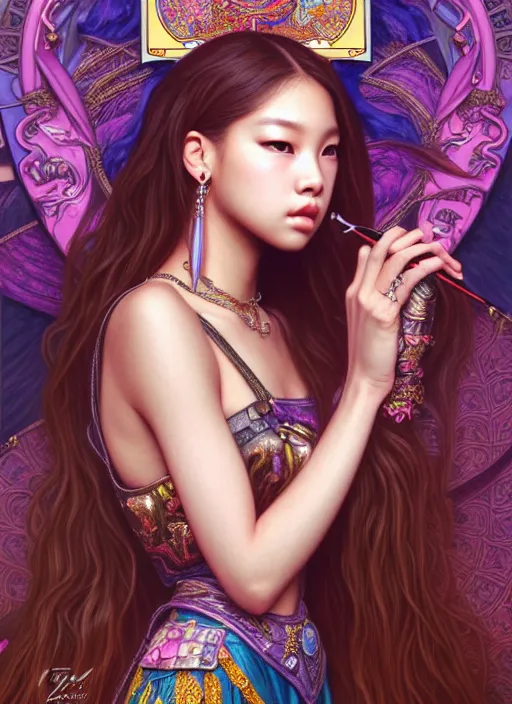 Image similar to jennie of blackpink, queen, tarot card, highly detailed, digital painting, smooth, sharp focus, illustration, ultra realistic, unreal engine, 8 k, art by artgerm and alphonse mucha