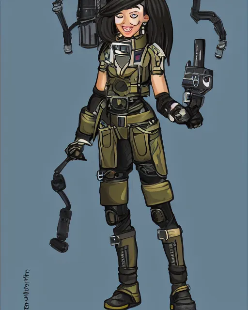Image similar to a character design of a female space pirate with a slim fitting military style spacesuit with pouches along the waist