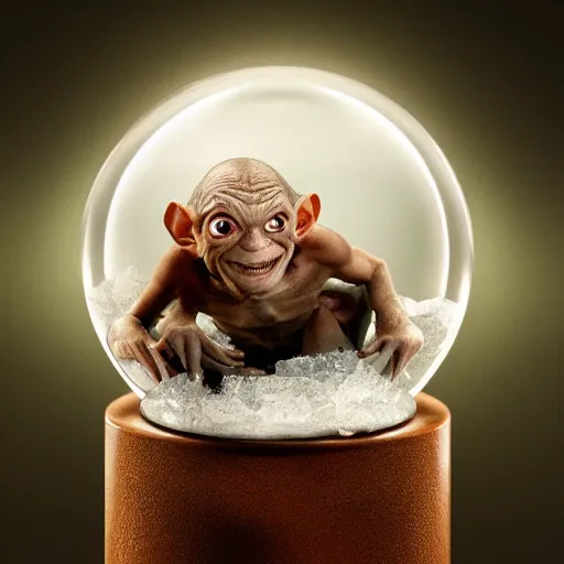 Prompt: gollum stuck inside a snow globe, extreme detail, octane render, trending on artstation, 4 k, medium shot, fantasy, symmetrical, bokeh, backlighting, volumetric lighting, subsurface scattering.