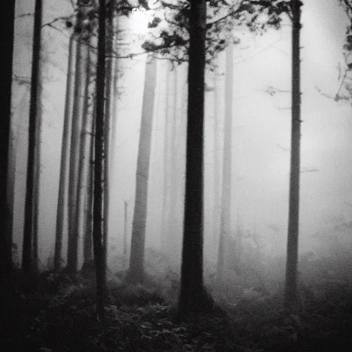 Prompt: a black and white blurry phone photo of a monster in a forest at night