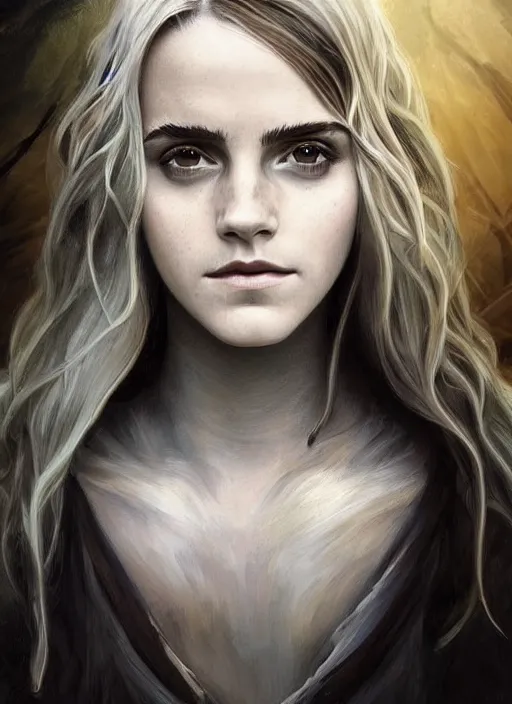 Image similar to Portrait of Emma Watson, white glowing eyes, silver shaggy hair, cloak, ethereal wings, male, fantasy, extremely detailed, digital painting, artstation, concept art, smooth, sharp focus, illustration, stunning lighting, art by artgerm and greg rutkowski and alphonse mucha and simon stalenhag, realistic character concept, high fantasy, light atmosphere, golden ratio, cinematic lighting, hyperdetailed, high resolution, insanely detailed and intricate, artstation, Marc Simonetti, Greg Rutkowski, 8k