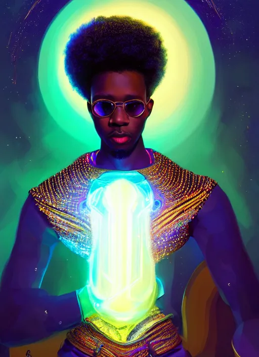 Prompt: portrait of young black man with glowing jewels, afro - futurist style, intricate, elegant, glowing holographic screen, highly detailed, digital painting, artstation, concept art, smooth, sharp focus, illustration, art by wlop, mars ravelo and greg rutkowski