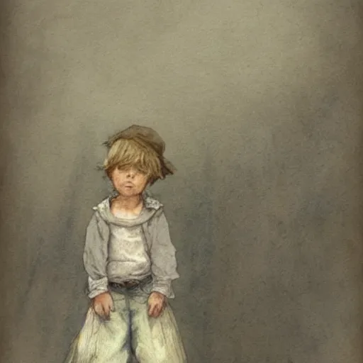 Prompt: portrait of a child standing and facing front looking strait ahead a muted color watercolor sketch of story book character ifrom the book Baltimore & Redingote by Jean-Baptiste Monge of an old man in the style of by Jean-Baptiste Monge that looks like its by Jean-Baptiste Monge and refencing Jean-Baptiste Monge