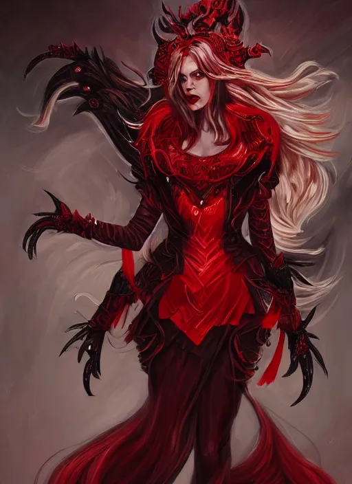 Image similar to a highly detailed illustration of fierce beautiful long white haired horned demon woman wearing red and black battle dress, dramatic imposing pose, intricate, elegant, highly detailed, centered, digital painting, artstation, concept art, smooth, sharp focus, league of legends concept art, wlop.