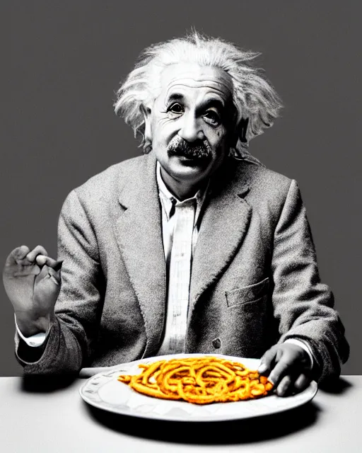 Image similar to a portrait of albert einstein sitting at the dining table with a plate containing jalebi in front of him, highly detailed, trending on artstation, bokeh, 9 0 mm, f / 1. 4