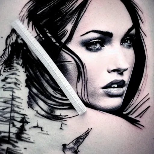 Image similar to double exposure tattoo sketch of megan fox with beautiful mountain scenery, hyper - realistic, in the style of den yakovelev, amazing detail, sharp, abstract