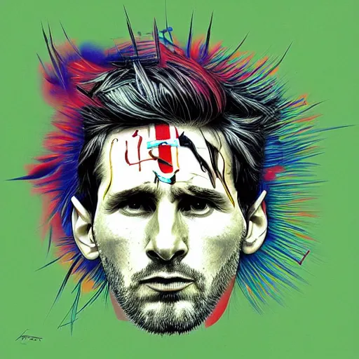 Prompt: peripheral lobotomy of messi, in the style of cyborg adi granov, colourful hand drawing, beautiful faces, dramatic, tragic, intricate, detailed, beautiful