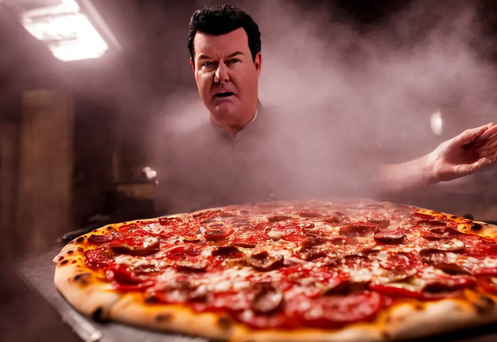 Image similar to a close-up HD photo of John Schnatter sweating pizza grease, cinematic, volumetric lighting, highly detailed, 8k