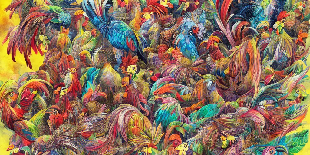 Prompt: colorful illustration of a million fighting roosters, mix of styles, collage of styles, abstract, surreal, intricate, highly detailed, matte colors