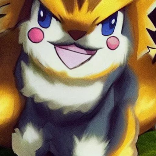 Image similar to real life pokemon, generation 1, zapdos, cute!!!, content!!!, mischievous!!!, adorable!!!, fluffy!!!, ultra realistic!!!, golden hour, sharp focus