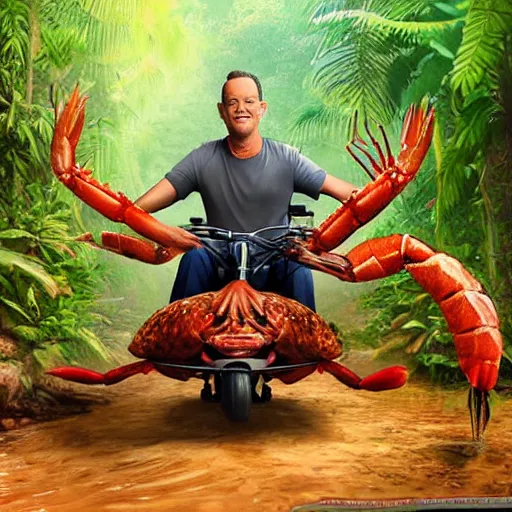 Image similar to Tom Hanks as forrest gump riding a giant shrimp in the jungle, realistic digital painting, photoreailstic, realistic face, amazing detail, sharp