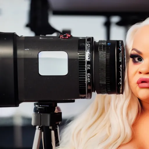 Prompt: trisha paytas doing a livestream, shallow depth of field, bokeh, anamorphic lens flare, 8k, hyper detailed, 35mm film grain