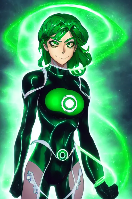 Image similar to anime key visual of a beautiful female green lantern, intricate, glowing accents, powers, glowing ring, speed, goddess, dc comics, cinematic, stunning, highly detailed, digital painting, artstation, smooth, hard focus, illustration, character concepts by senior concept artist