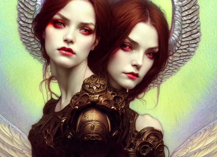 Image similar to portrait of demonic woman and angelic woman, confident pose, pixie, genshin impact, intricate, elegant, sharp focus, soft bokeh, illustration, highly detailed, concept art, matte, trending on artstation, bright colors, art by wlop and artgerm and greg rutkowski, mucha, giger, marvel comics