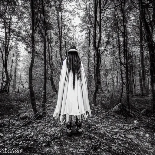 Prompt: a witch in an ancient forest, b&w photo by kasebian