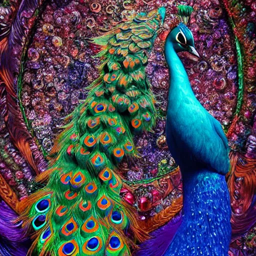 Prompt: a stunning rendition of full-body peacock sculpture made of fractal gems, fractal crystals, intricate details, hyperrealistic, octane render, very colorful, vibrant, cinematic, ornate, luxury, elite, james jean, brian froud, ross tran