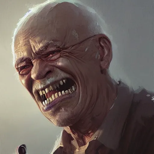 Image similar to old man portrait, grenade in his teeth, greg rutkowski art