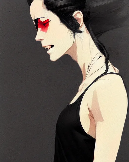 Prompt: a ultradetailed beautiful painting of a stylish woman in a black tanktop, she has white hair in a ponytail, by conrad roset, greg rutkowski and makoto shinkai trending on artstation