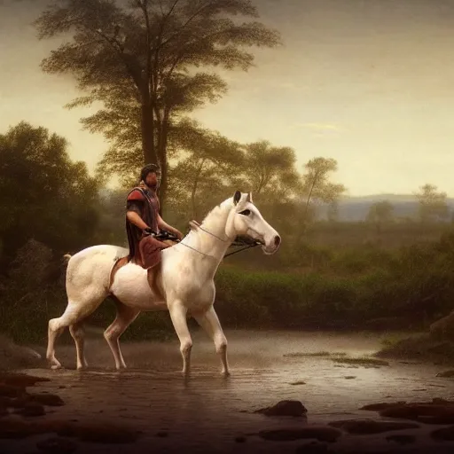 Prompt: large diorama, young man in leather tunic and loincloth, hopelessly pulling the lead of his white horse. The horse is neck deep in the mud of the swamp of sadness. Swampy, in the style of hudson river school, dark, volumetric lighting, crepuscule, octane render