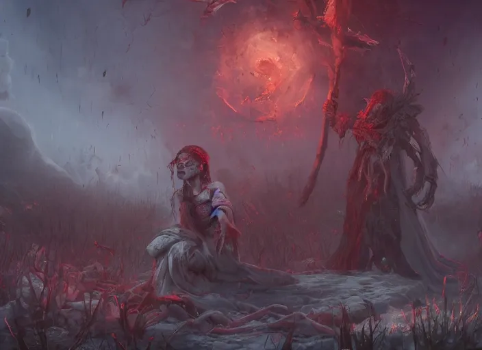 Prompt: cinematic still of a macabre necromancer casts a gruesome enchantment across a land of fertility and wealth, diminishing the land's value and robustness, trending on artstation, digital art, award winning