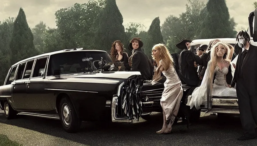 Image similar to Tim Burton movie about an evil hearse attacking people at a wedding