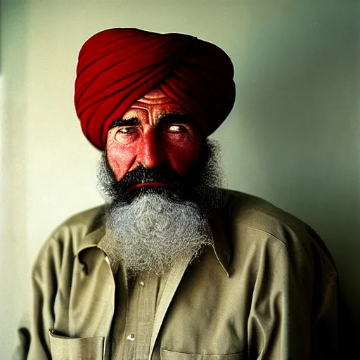 Image similar to portrait of president ronald reagan as afghan man, green eyes and red turban looking intently, photograph by steve mccurry