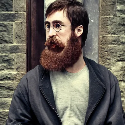 Image similar to harry potter with long beards and beautiful mustache, combing his beard