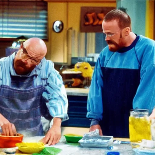 Prompt: Walter White and Jesse Pinkman cooking blue rocks in a kids TV show