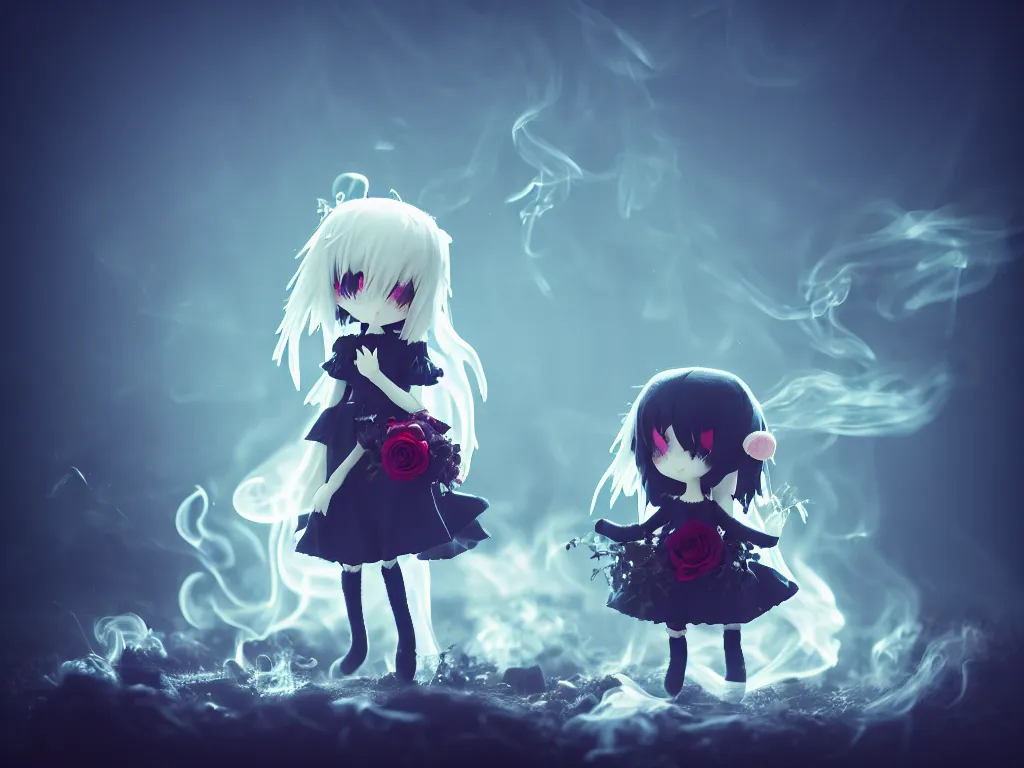 Image similar to cute fumo plush of a gothic maiden girl clutching lots of decayed roses, stale twilight, swirling vortices of emissive smoke and volumetric fog over the river, bokeh, vignette, vray